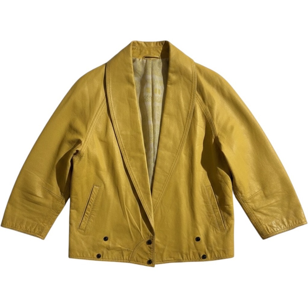 Winlit Lamb Leather Jacket Women L Yellow Vintage Shawl Collar Snap Wrap
